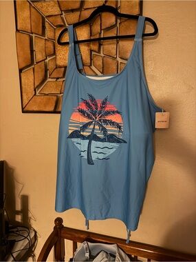 BloomChic Tropical Sunset Palm Tank Top - Blue